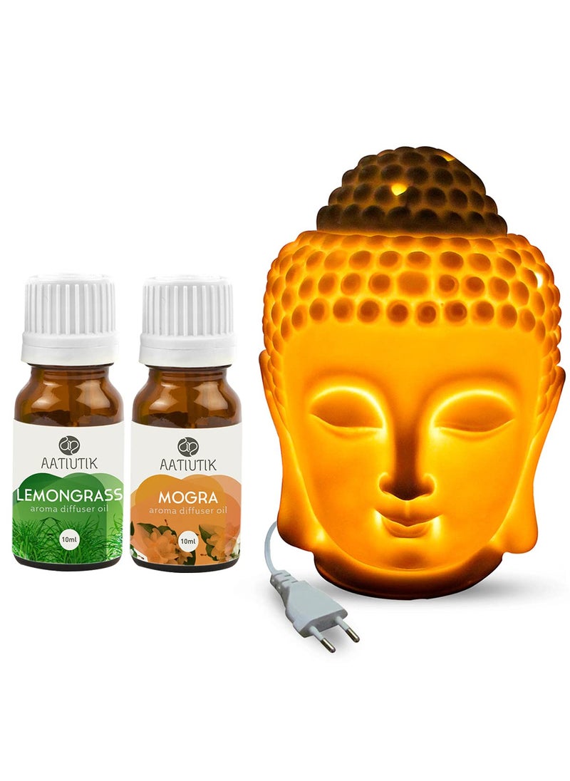 Aatiutik Ceramic Electric Buddha Aroma Diffuser Home Fragrance Night Lamp Light with Lemongrass Sandalwood Aroma Oil 10ml Each for Home Office Hotel Spa Scented 5