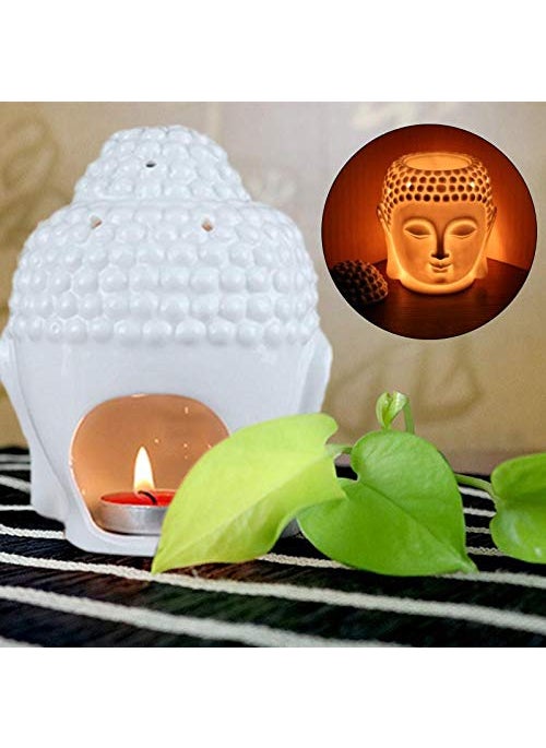 Aatiutik White Ceramic Buddha Head Aroma Diffuser Air Freshner Aroma Oil Burner Lamp Diffuser for Home Fragrance Diffuser Oils for Home 2 Rose Aroma Oil 10ml Each