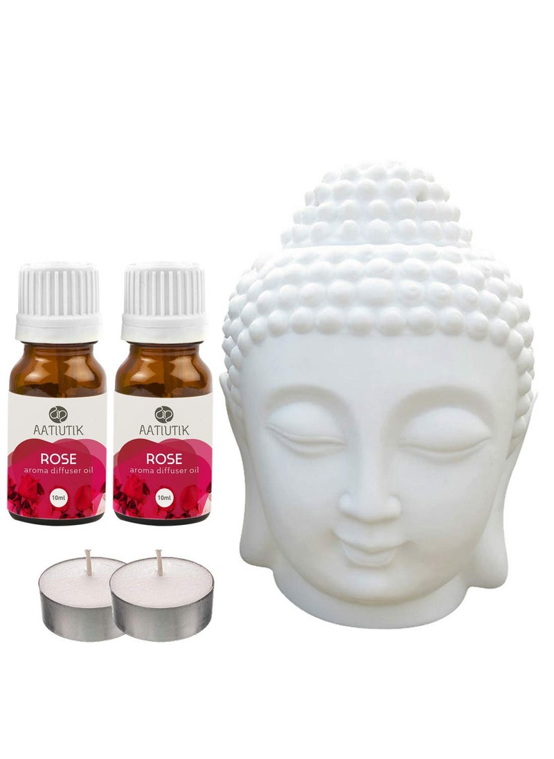 Aatiutik White Ceramic Buddha Head Aroma Diffuser Air Freshner Aroma Oil Burner Lamp Diffuser for Home Fragrance Diffuser Oils for Home 2 Rose Aroma Oil 10ml Each
