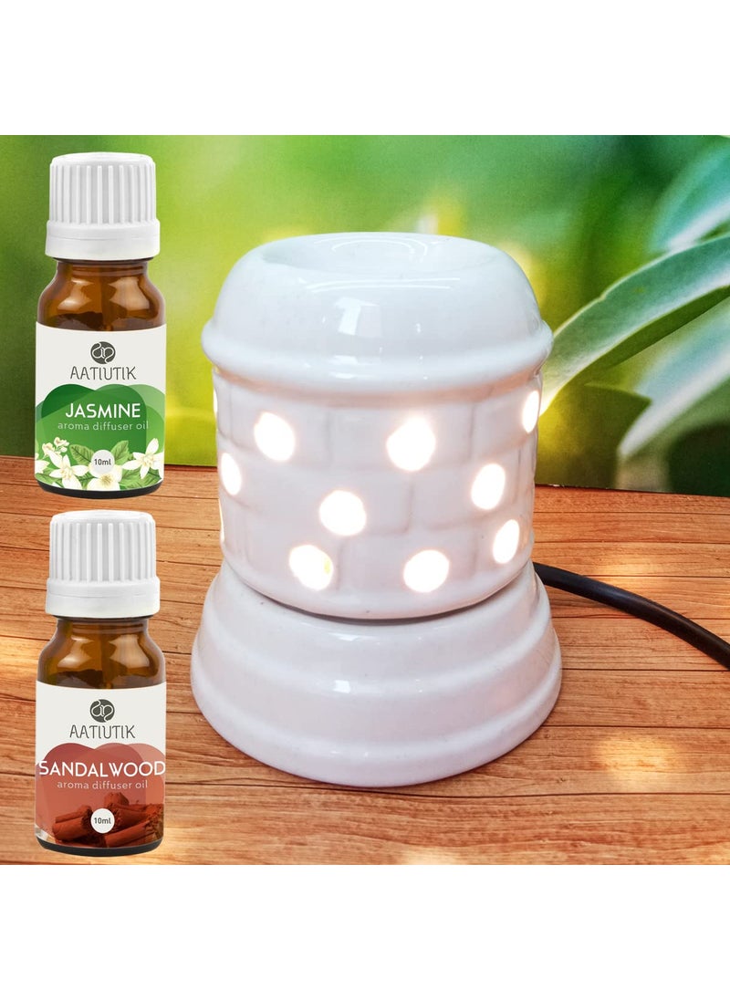 Aatiutik Electric Ceramic Aroma Diffuser Oil Burner with Sandalwood Jasmine Aroma Oil for Home Fragrance