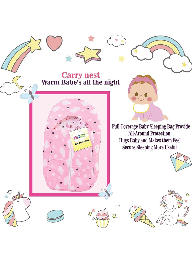 Kwitchy Baby Luxury Bedding for New Born Cushioned Mattress Carry Nest Cum Sleeping Bag 06 Months Pink 2PCS Set