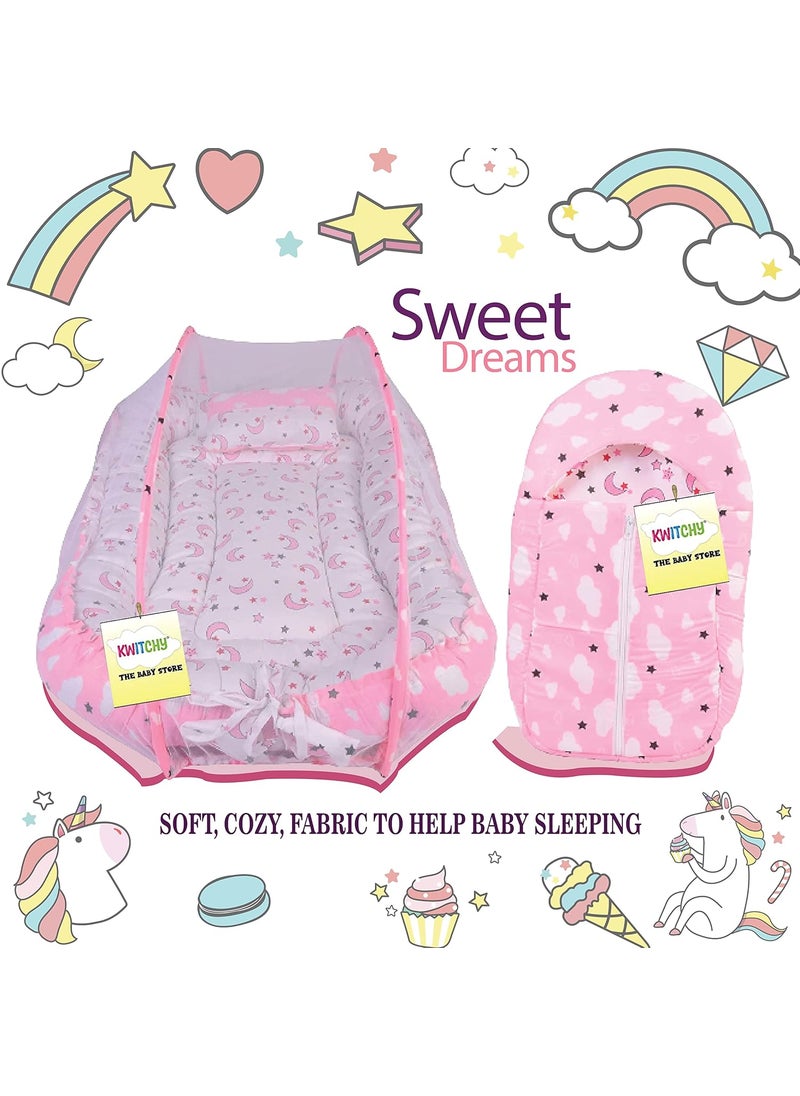 Kwitchy Baby Luxury Bedding for New Born Cushioned Mattress Carry Nest Cum Sleeping Bag 06 Months Pink 2PCS Set