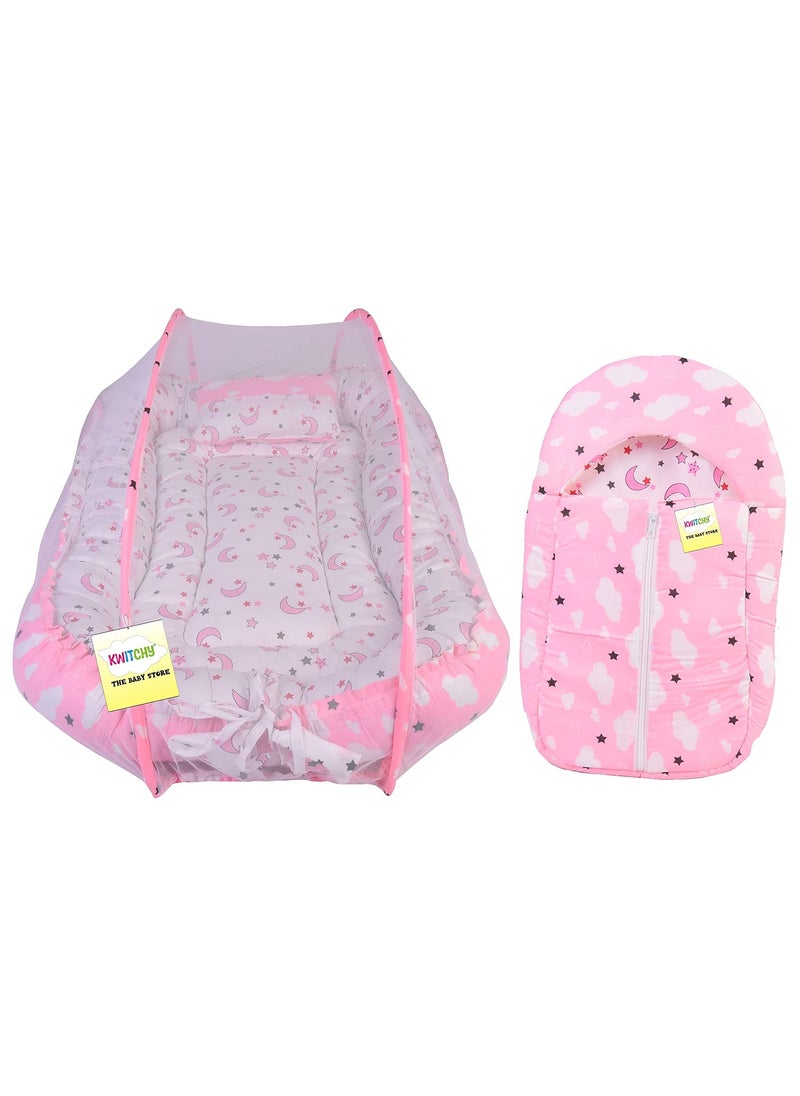 Kwitchy Baby Luxury Bedding for New Born Cushioned Mattress Carry Nest Cum Sleeping Bag 06 Months Pink 2PCS Set