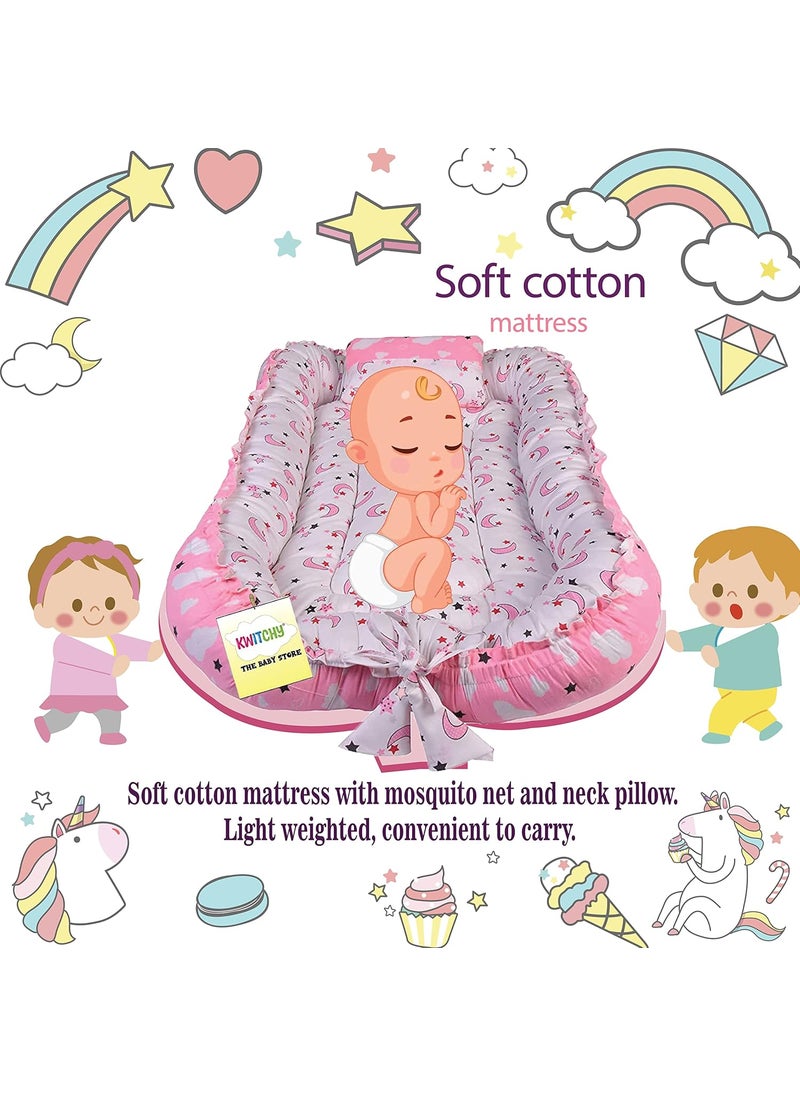 Kwitchy Baby Luxury Bedding for New Born Cushioned Mattress Carry Nest Cum Sleeping Bag 06 Months Pink 2PCS Set