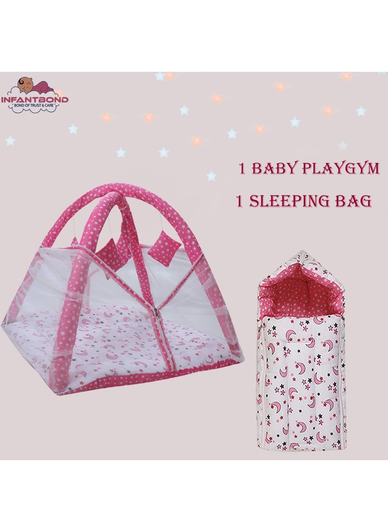 Infantbond New Born Baby Bedding Play Gym Mattress with Net Sleeping Bag 06 Months Pack of 2 Pink Moon