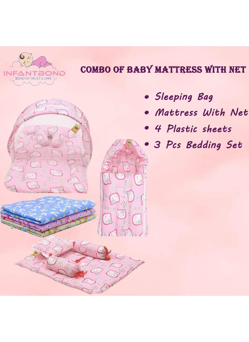 Infantbond Combo of Baby Mattress with Net Sleeping Bag 4 Pcs Bedding Set 4 Waterproof Sheets06 MonthsPID Kitty Pink