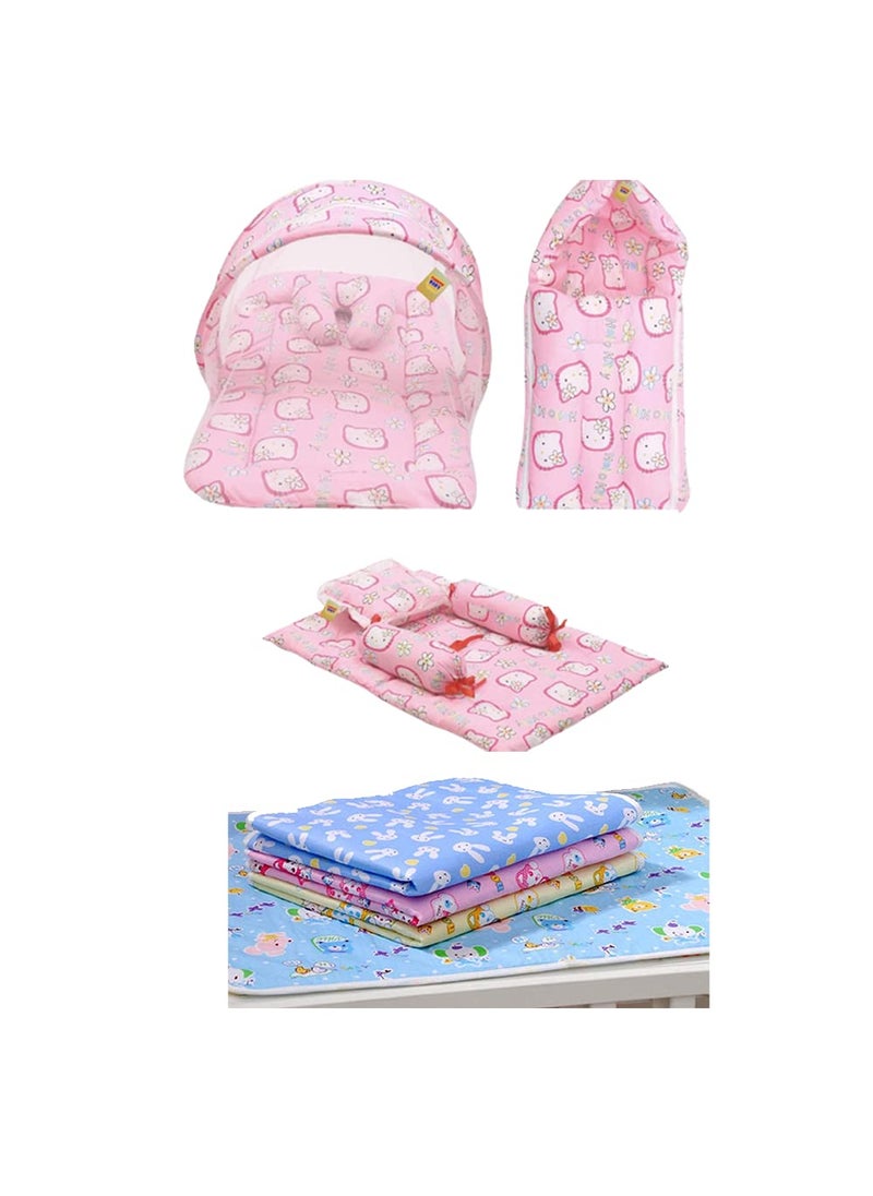 Infantbond Combo of Baby Mattress with Net Sleeping Bag 4 Pcs Bedding Set 4 Waterproof Sheets06 MonthsPID Kitty Pink