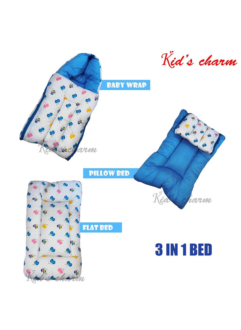 Kids Charm Cherry 3 in 1 Babys Cotton Bed Cum Carry Bed Printed Baby Sleeping BagBaby BedInfant Portable BassinetNest for CoSleeping Unisex Baby Bedding for New Born 08 Months Old Blue
