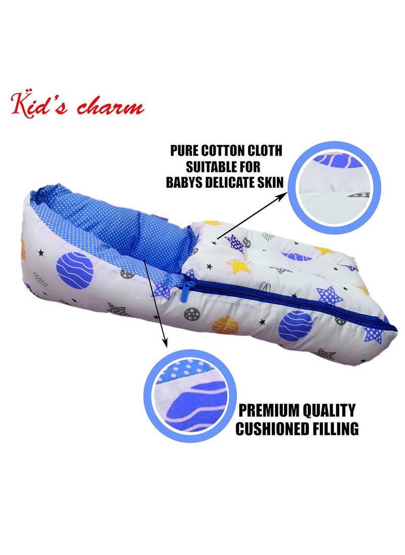 Kids Charm Planet Mega 3 in 1 Babys Cotton Bed Cum Carry Bed Printed Baby Sleeping BagBaby BedInfant Portable for Unisex Easily Portable Light Weight Carry for New Born 48 Months Old Blue