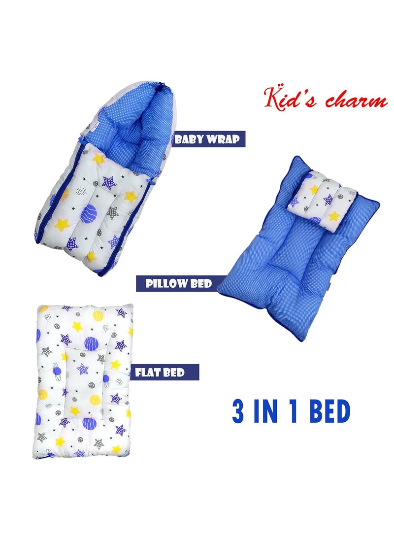 Kids Charm Planet Mega 3 in 1 Babys Cotton Bed Cum Carry Bed Printed Baby Sleeping BagBaby BedInfant Portable for Unisex Easily Portable Light Weight Carry for New Born 48 Months Old Blue