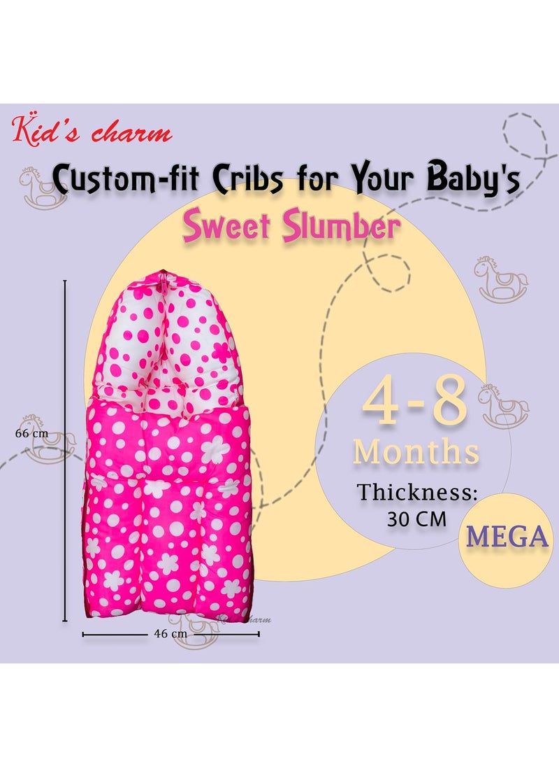 Kids Charm Clover Mega 3 in 1 Babys Cotton Bed Cum Carry Bed Printed Baby Sleeping BagBaby BedInfant Portable for Unisex Easily Portable Light Weight Carry for New Born 48 Months Old Pink