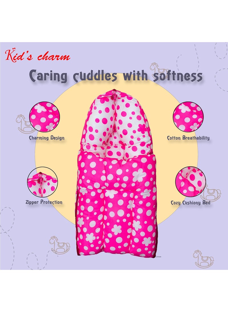 Kids Charm Clover Mega 3 in 1 Babys Cotton Bed Cum Carry Bed Printed Baby Sleeping BagBaby BedInfant Portable for Unisex Easily Portable Light Weight Carry for New Born 48 Months Old Pink