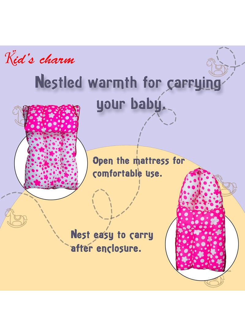 Kids Charm Clover Mega 3 in 1 Babys Cotton Bed Cum Carry Bed Printed Baby Sleeping BagBaby BedInfant Portable for Unisex Easily Portable Light Weight Carry for New Born 48 Months Old Pink