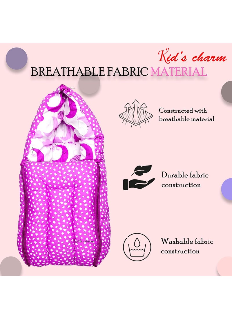 Kids Charm Half Moon Cloud Mega 3 in 1 Babys Cotton Bed Cum Carry Bed Printed Sleeping BagBaby BedInfant Portable for Unisex Easily Portable Light Weight Carry for New Born 48 Months Old Pink