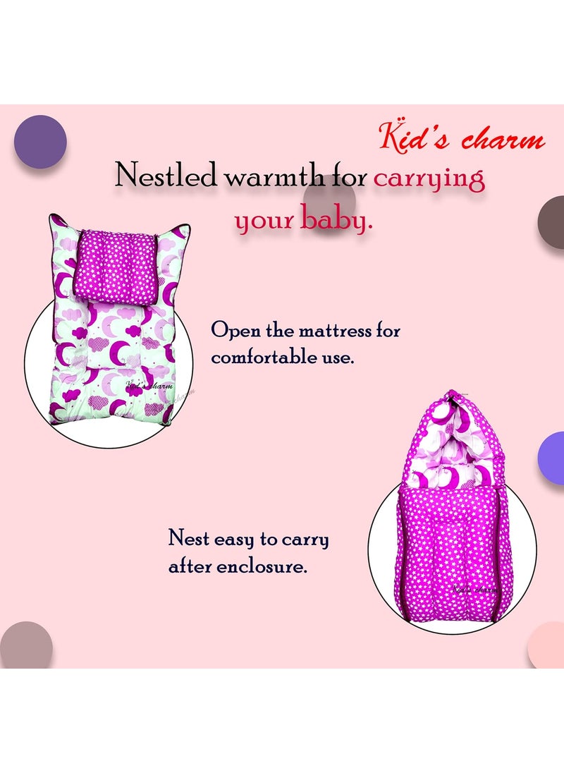 Kids Charm Half Moon Cloud Mega 3 in 1 Babys Cotton Bed Cum Carry Bed Printed Sleeping BagBaby BedInfant Portable for Unisex Easily Portable Light Weight Carry for New Born 48 Months Old Pink