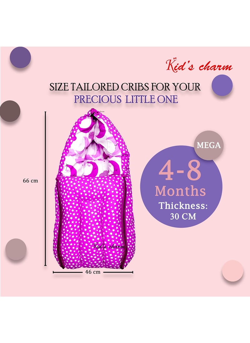 Kids Charm Half Moon Cloud Mega 3 in 1 Babys Cotton Bed Cum Carry Bed Printed Sleeping BagBaby BedInfant Portable for Unisex Easily Portable Light Weight Carry for New Born 48 Months Old Pink