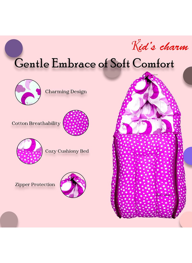 Kids Charm Half Moon Cloud Mega 3 in 1 Babys Cotton Bed Cum Carry Bed Printed Sleeping BagBaby BedInfant Portable for Unisex Easily Portable Light Weight Carry for New Born 48 Months Old Pink