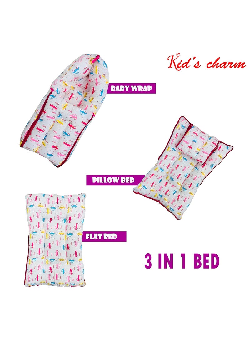 Kids Charm Car Mega 3 in 1 Babys Cotton Bed Cum Carry Bed Printed Baby Sleeping BagBaby BedInfant Portable for Unisex Easily Portable Light Weight Carry for New Born 48 Months Old Pink
