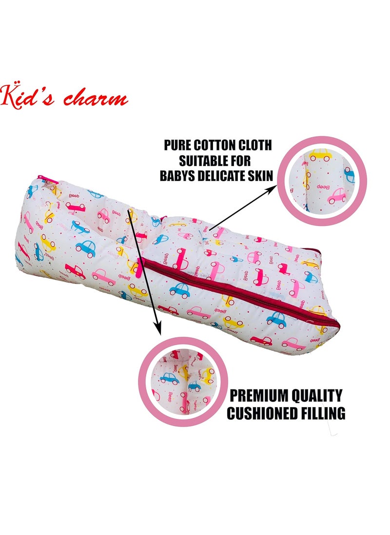 Kids Charm Car Mega 3 in 1 Babys Cotton Bed Cum Carry Bed Printed Baby Sleeping BagBaby BedInfant Portable for Unisex Easily Portable Light Weight Carry for New Born 48 Months Old Pink