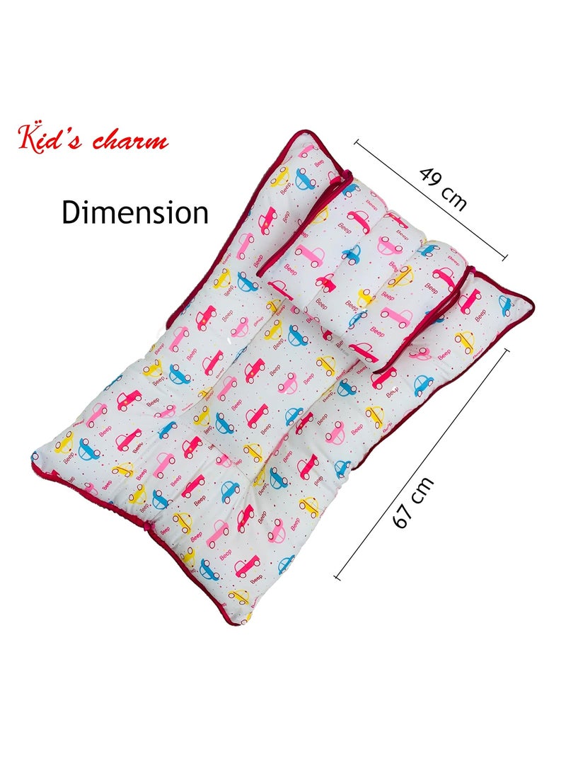 Kids Charm Car Mega 3 in 1 Babys Cotton Bed Cum Carry Bed Printed Baby Sleeping BagBaby BedInfant Portable for Unisex Easily Portable Light Weight Carry for New Born 48 Months Old Pink