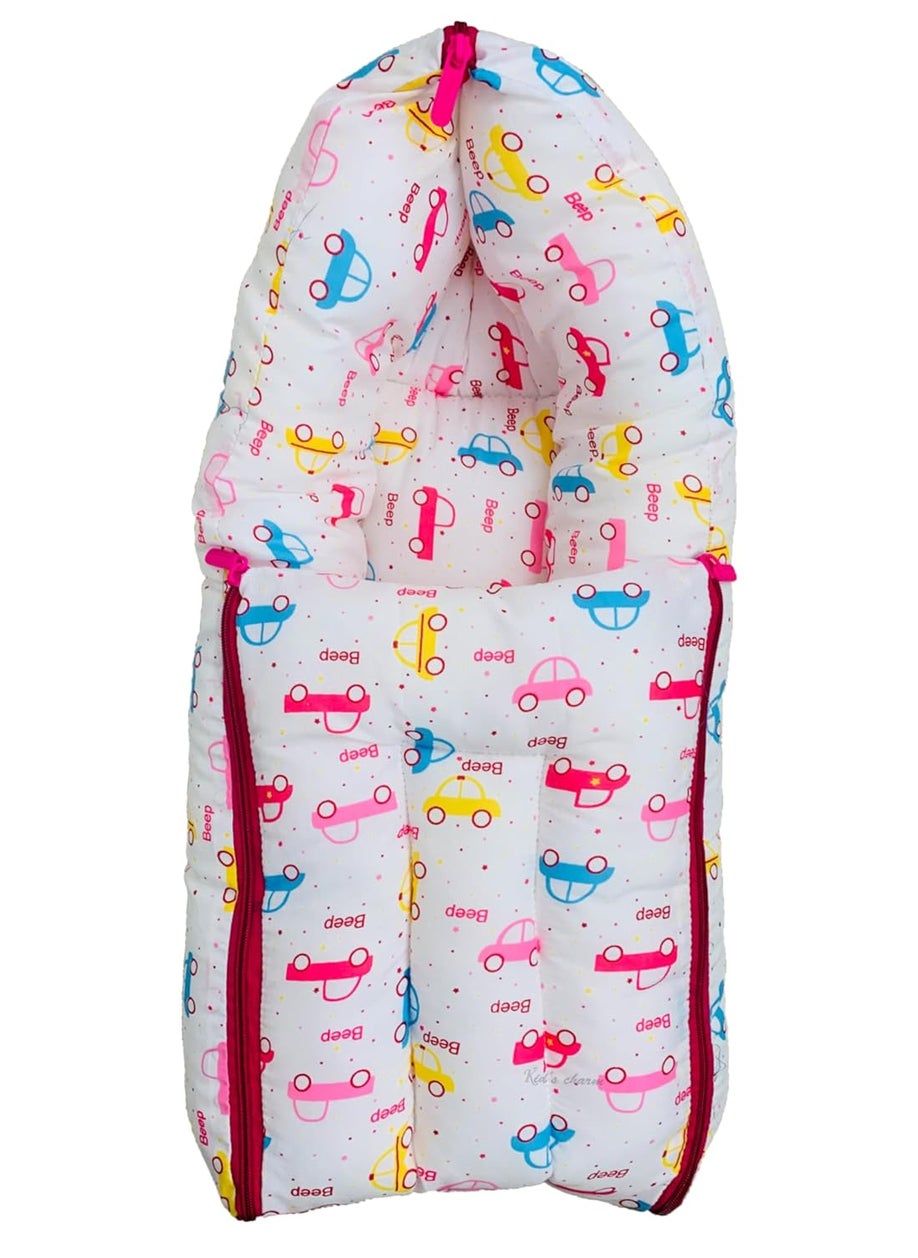 Kids Charm Car Mega 3 in 1 Babys Cotton Bed Cum Carry Bed Printed Baby Sleeping BagBaby BedInfant Portable for Unisex Easily Portable Light Weight Carry for New Born 48 Months Old Pink
