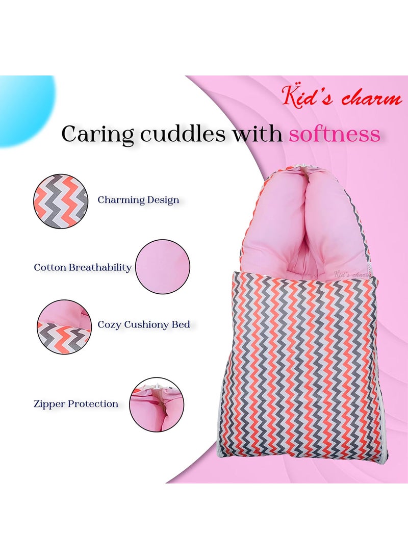 Kids Charm Mega Zigzag 3 in 1 Babys Cotton Bed Cum Carry Bed Printed Baby Sleeping BagBaby BedInfant Portable for Unisex Easily Portable Light Weight Carry for New Born 48 Months Old Pink
