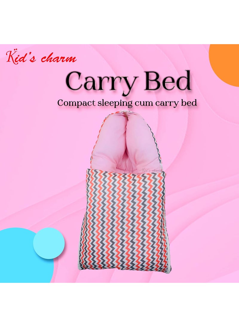 Kids Charm Mega Zigzag 3 in 1 Babys Cotton Bed Cum Carry Bed Printed Baby Sleeping BagBaby BedInfant Portable for Unisex Easily Portable Light Weight Carry for New Born 48 Months Old Pink