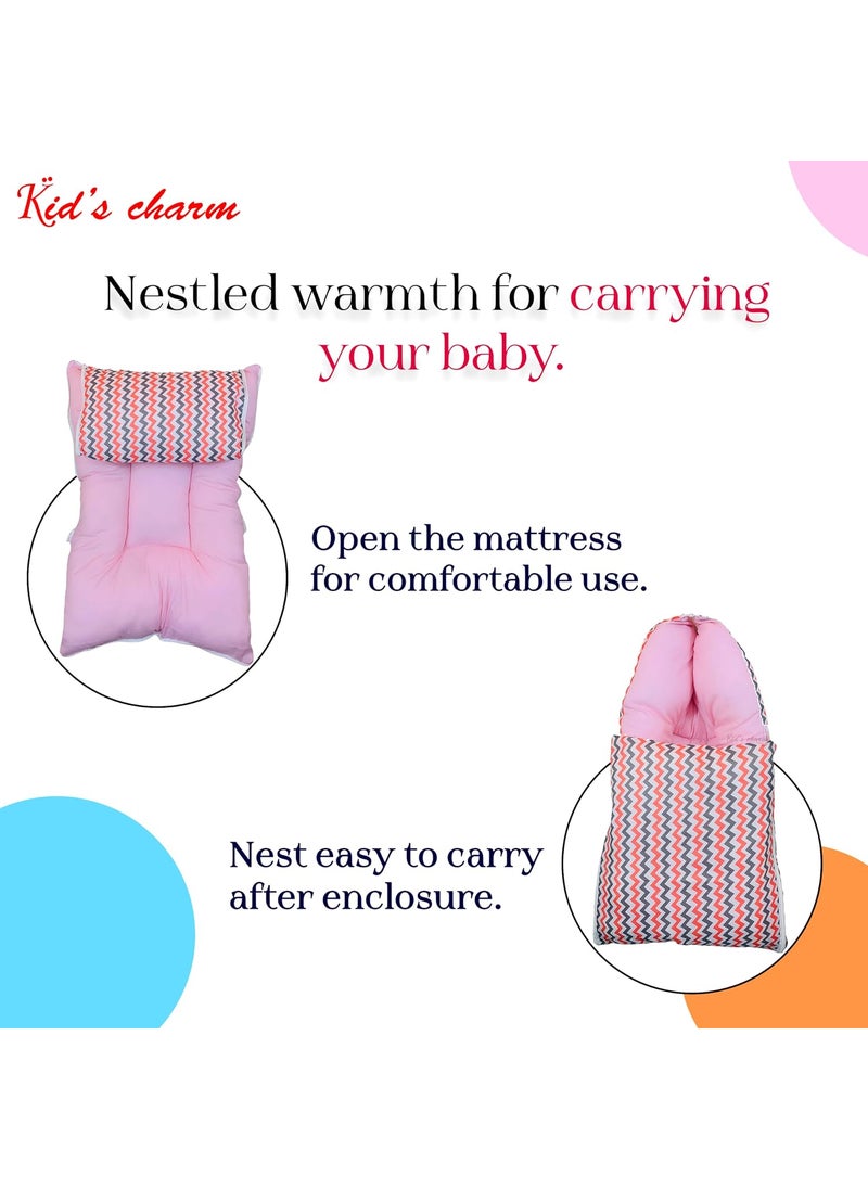 Kids Charm Mega Zigzag 3 in 1 Babys Cotton Bed Cum Carry Bed Printed Baby Sleeping BagBaby BedInfant Portable for Unisex Easily Portable Light Weight Carry for New Born 48 Months Old Pink