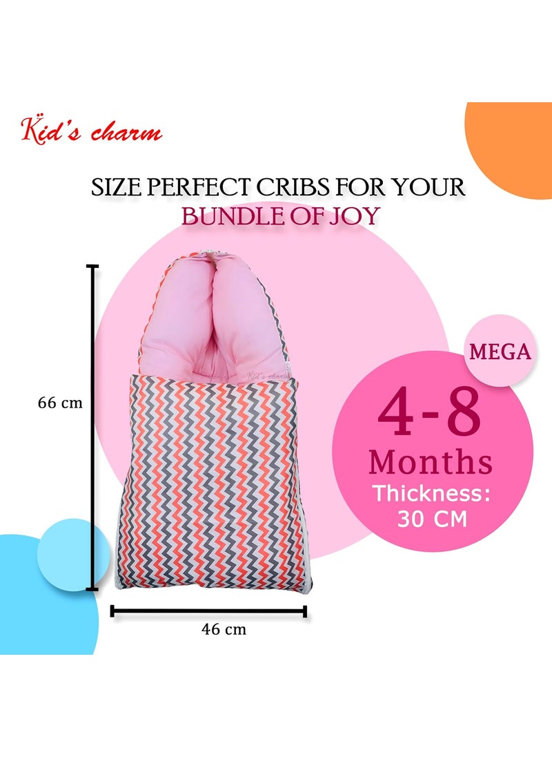 Kids Charm Mega Zigzag 3 in 1 Babys Cotton Bed Cum Carry Bed Printed Baby Sleeping BagBaby BedInfant Portable for Unisex Easily Portable Light Weight Carry for New Born 48 Months Old Pink