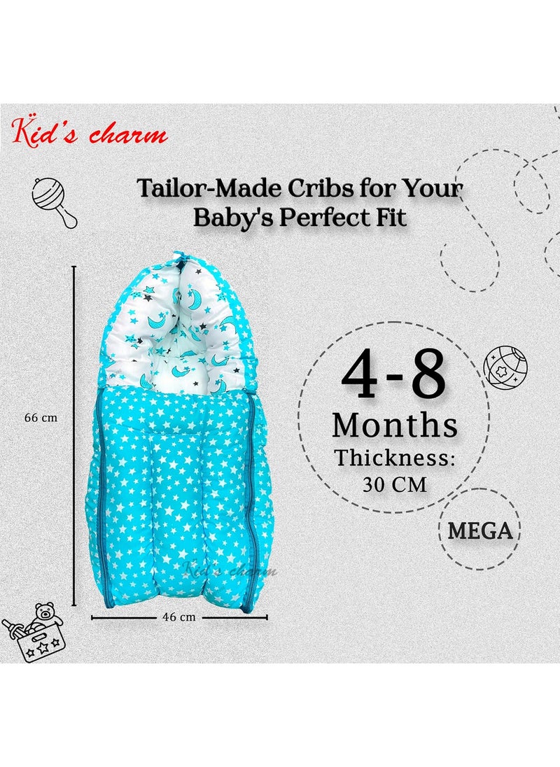 Kids Charm StarMoon Mega 3 in 1 Babys Cotton Bed Cum Carry Bed Printed Baby Sleeping BagBaby BedInfant Portable for Unisex Easily Portable Light Weight Carry for New Born 48 Months Old Blue