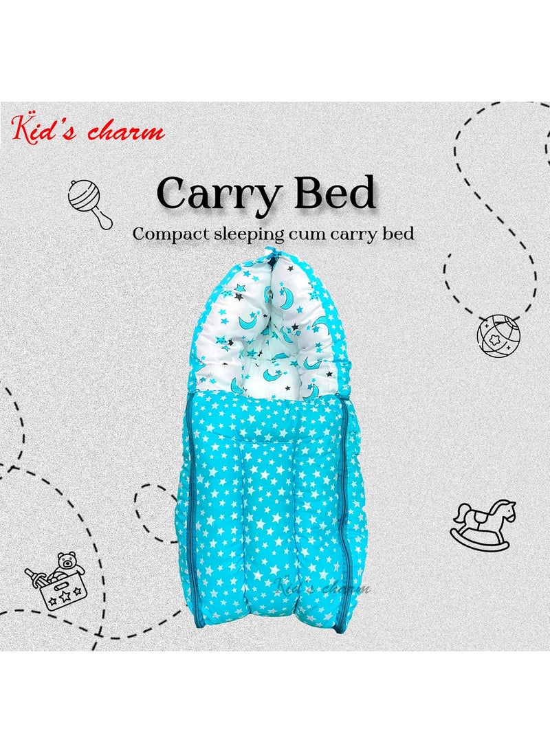 Kids Charm StarMoon Mega 3 in 1 Babys Cotton Bed Cum Carry Bed Printed Baby Sleeping BagBaby BedInfant Portable for Unisex Easily Portable Light Weight Carry for New Born 48 Months Old Blue