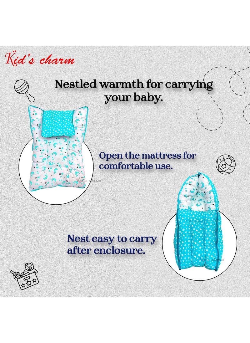 Kids Charm StarMoon Mega 3 in 1 Babys Cotton Bed Cum Carry Bed Printed Baby Sleeping BagBaby BedInfant Portable for Unisex Easily Portable Light Weight Carry for New Born 48 Months Old Blue