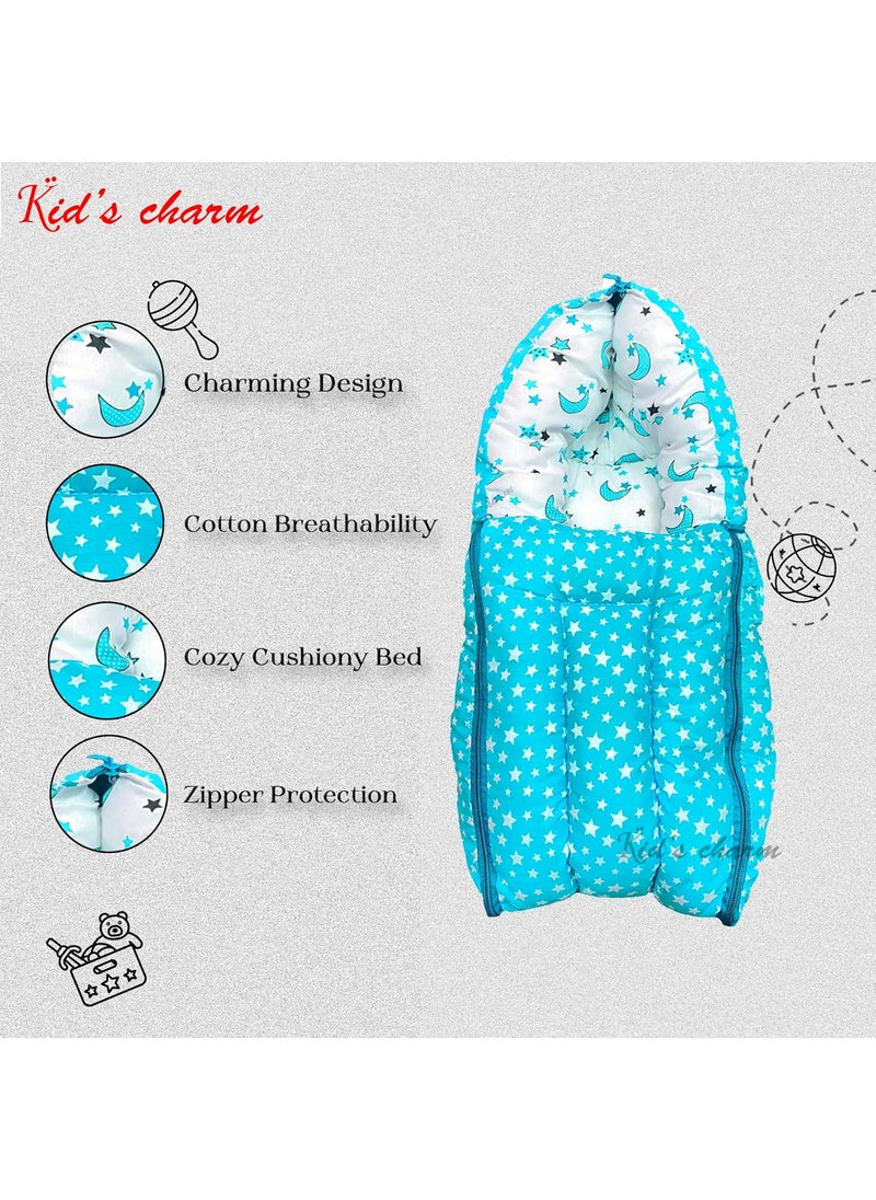 Kids Charm StarMoon Mega 3 in 1 Babys Cotton Bed Cum Carry Bed Printed Baby Sleeping BagBaby BedInfant Portable for Unisex Easily Portable Light Weight Carry for New Born 48 Months Old Blue