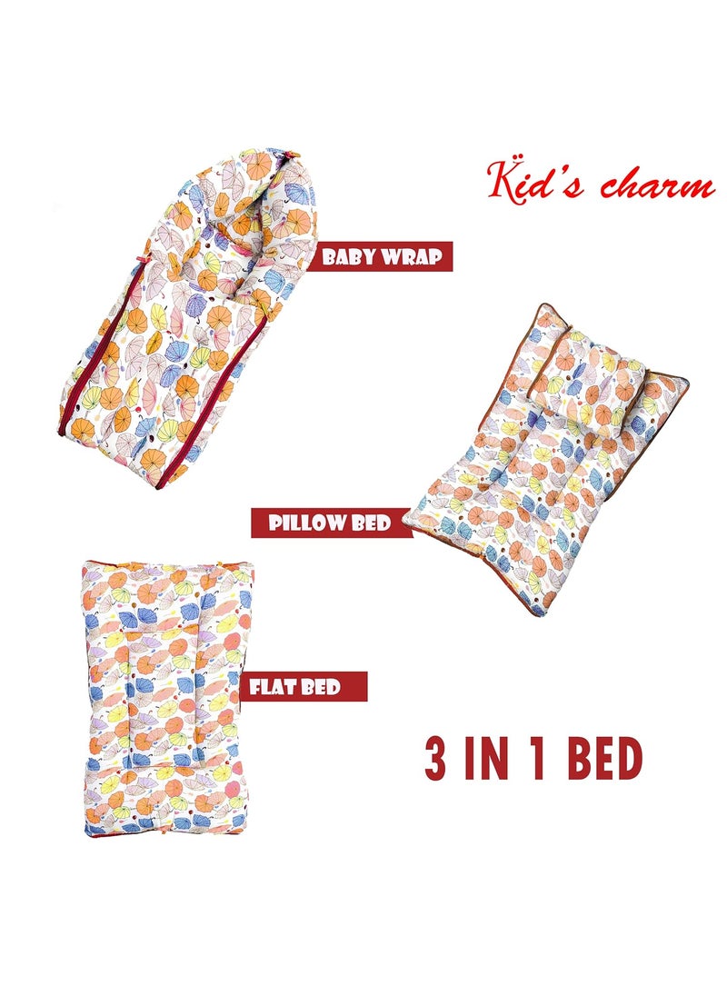Kids Charm Umbrella Mega 3 in 1 Babys Cotton Bed Cum Carry Bed Printed Baby Sleeping BagBaby BedInfant Portable for Unisex Easily Portable Light Weight Carry for New Born 48 Months Old Orange