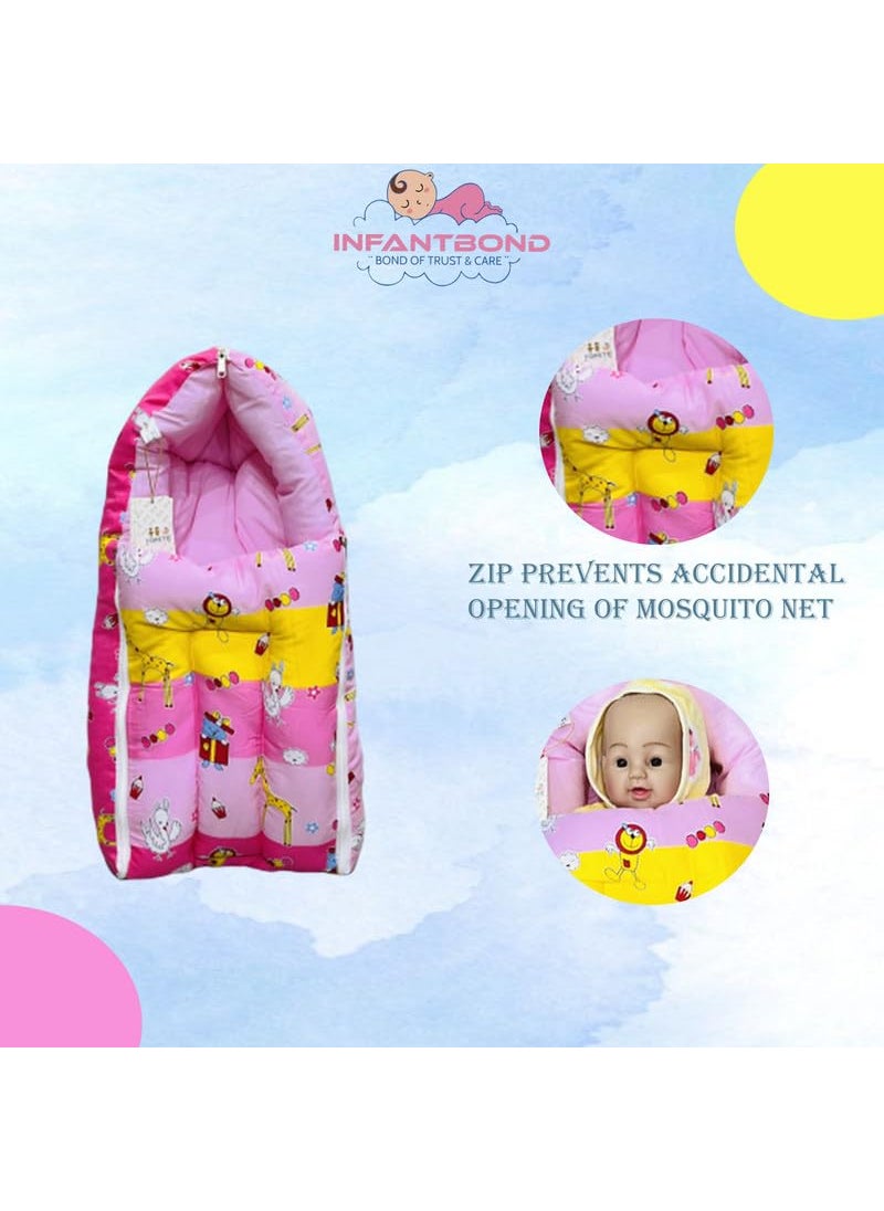 Infantbond Designer Mattress with Net Portable Bed Travel Friendly Infant Comfy Sleep Sleeping Bag for Kids Baby Carry Comfortable Set Age 06 Months Pink Giffi