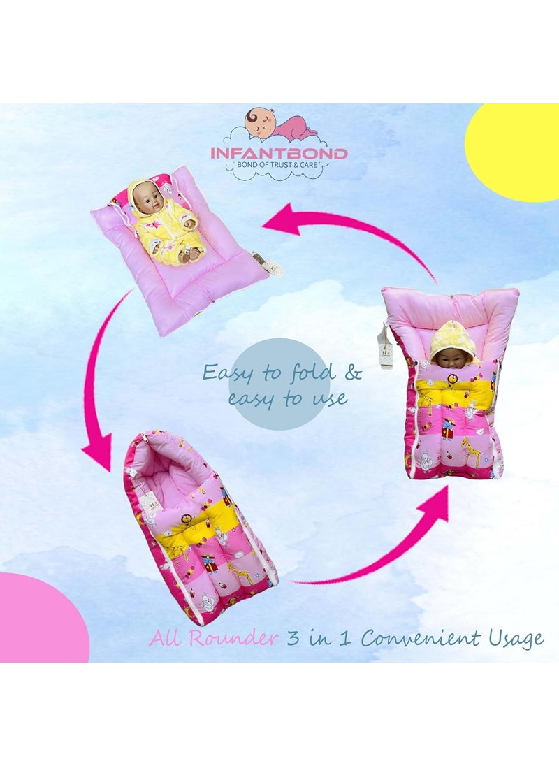 Infantbond 100 Cotton Baby 3 in 1 Carry Bag Cum Sleeping Bag Cum Mattress06 Months Pink Ziraf P