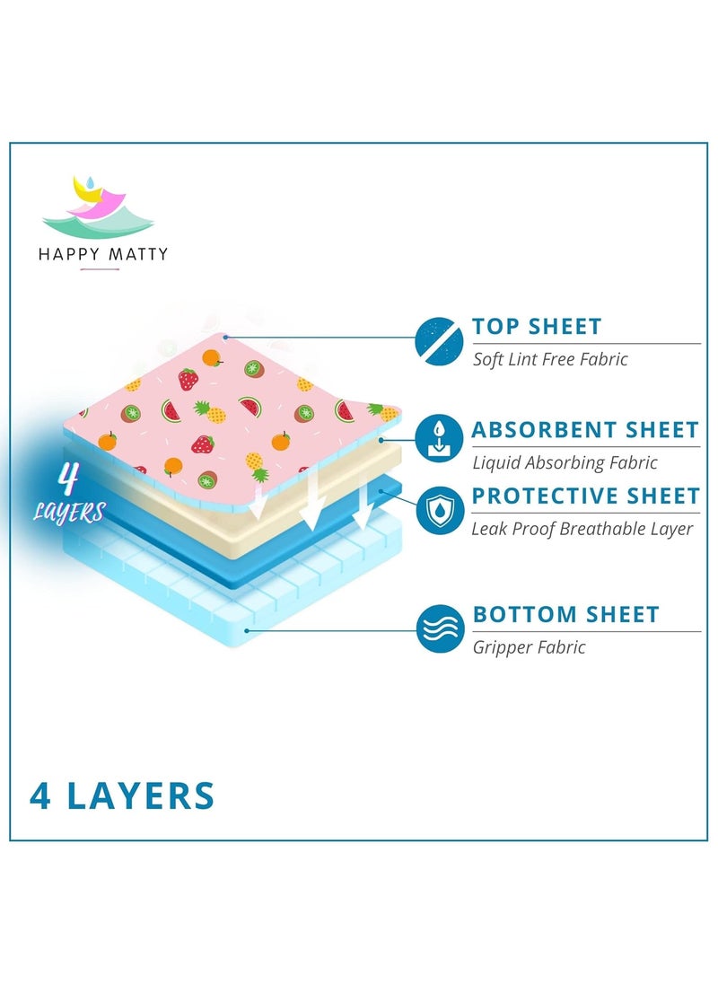 Happy Matty Polyester Babys Extra Absorbent Quick Dry Sheet Playmat Waterproof Reusable Washable Comfortable Best for Gifting Lint Free Fabric Mattress Crib Protector Medium Fruits 50cm x 70cm