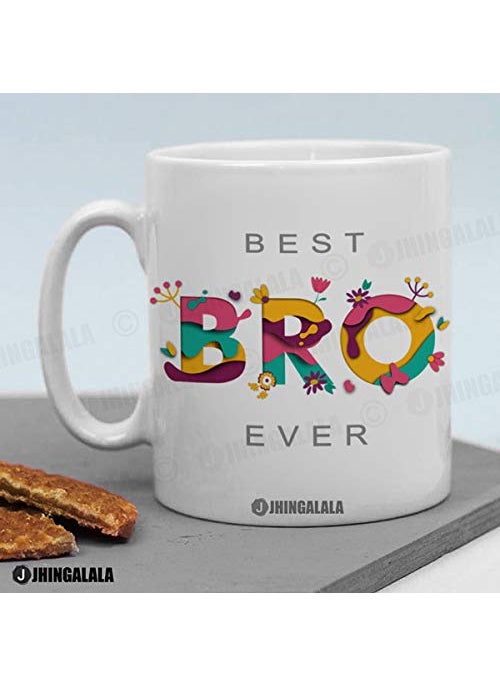 Jhingalala Printed Combo Gift Set for Brother Best Bro Ever Printed Raksha bandhan Gift Pack Cushion Cover 12 x 12 inch Cushion Filler Mug Key Ring and Greeting Card