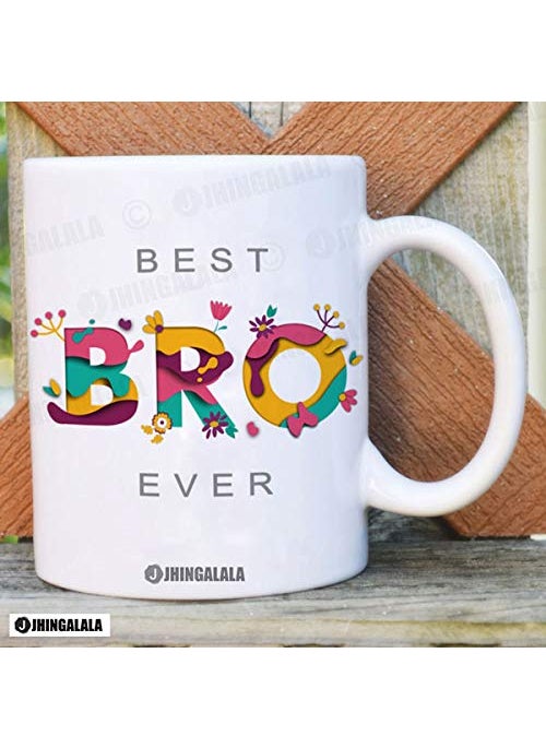 Jhingalala Printed Combo Gift Set for Brother Best Bro Ever Printed Raksha bandhan Gift Pack Cushion Cover 12 x 12 inch Cushion Filler Mug Key Ring and Greeting Card