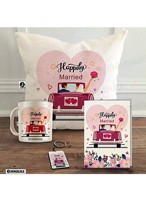 Jhingalala Printed Combo Gift Set for Newly Married Couple Happy Married Life Printed Gift Pack Cushion Cover 12 x 12 inch Cushion Filler Mug Key Ring and Greeting Card