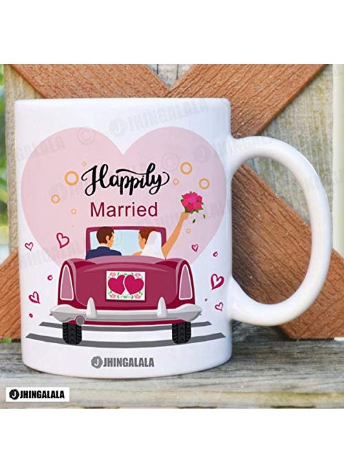 Jhingalala Printed Combo Gift Set for Newly Married Couple Happy Married Life Printed Gift Pack Cushion Cover 12 x 12 inch Cushion Filler Mug Key Ring and Greeting Card