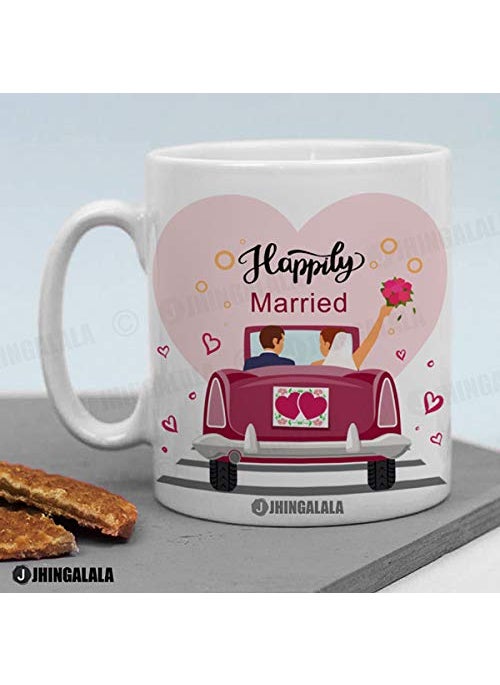 Jhingalala Printed Combo Gift Set for Newly Married Couple Happy Married Life Printed Gift Pack Cushion Cover 12 x 12 inch Cushion Filler Mug Key Ring and Greeting Card