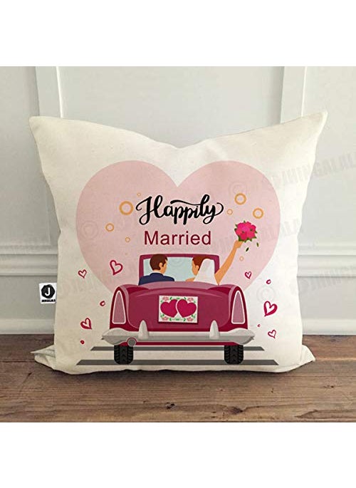 Jhingalala Printed Combo Gift Set for Newly Married Couple Happy Married Life Printed Gift Pack Cushion Cover 12 x 12 inch Cushion Filler Mug Key Ring and Greeting Card