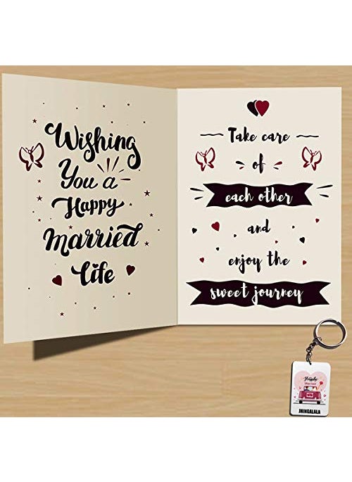 Jhingalala Printed Combo Gift Set for Newly Married Couple Happy Married Life Printed Gift Pack Cushion Cover 12 x 12 inch Cushion Filler Mug Key Ring and Greeting Card