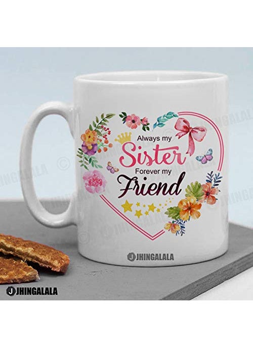 Jhingalala Printed Combo Gift Set for Sister Always My Sister Forever My Friend Printed Gift Pack Cushion Cover 12 x 12 inch Cushion Filler Mug Key Ring and Greeting Card