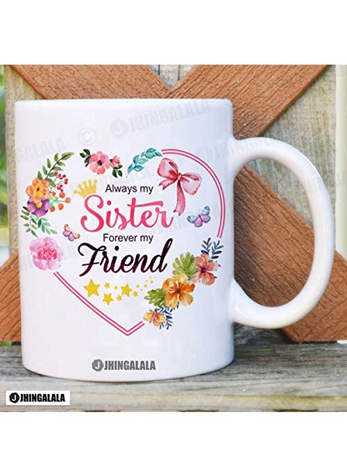 Jhingalala Printed Combo Gift Set for Sister Always My Sister Forever My Friend Printed Gift Pack Cushion Cover 12 x 12 inch Cushion Filler Mug Key Ring and Greeting Card