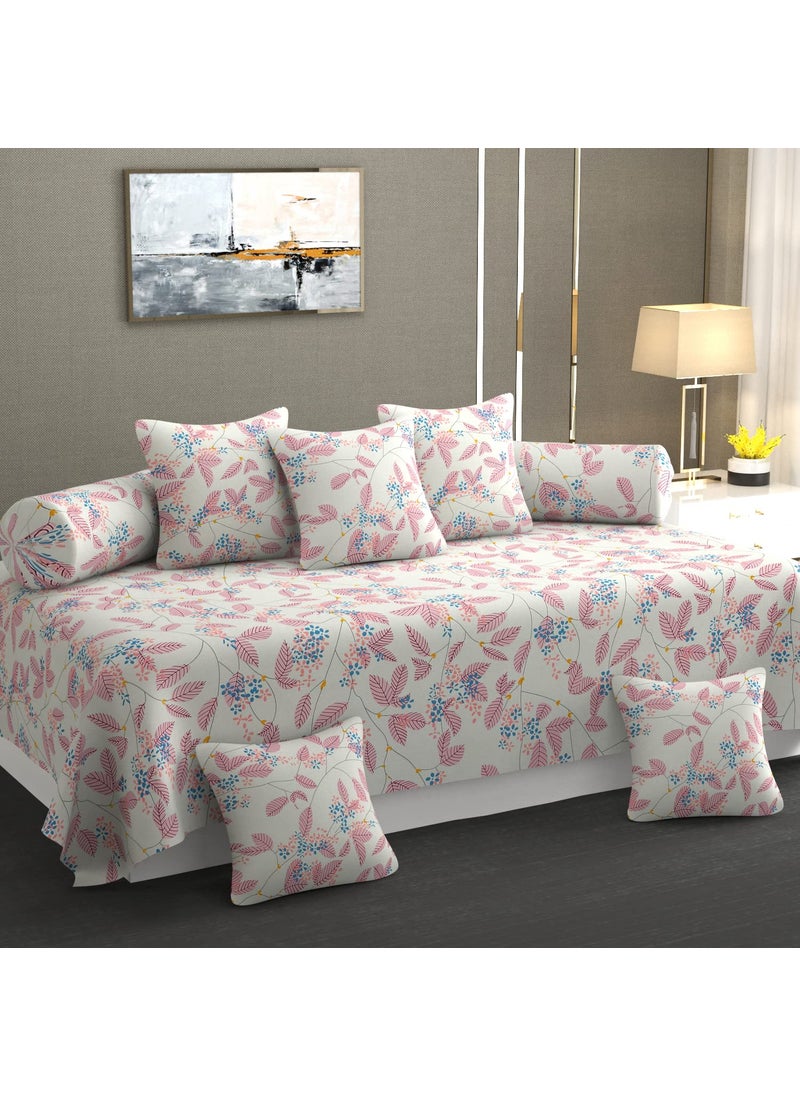 CHHILAKIYA Diwan Set Covers Cotton 8 Pieces Pure Cotton Designer Printed Standard Diwan Set 1 Single Bedsheet60x90 Inch 2 Bolster Covers16x16 Inch 5 Cushion Covers16x32 Inch CreamPink