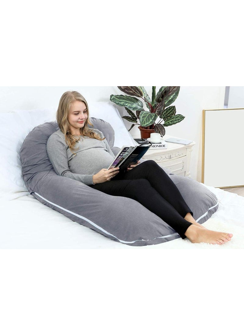Linenovation U Shaped Maternity Pillow Extra Curve with Cotton Zippered Cover XLarge Grey Set of 1