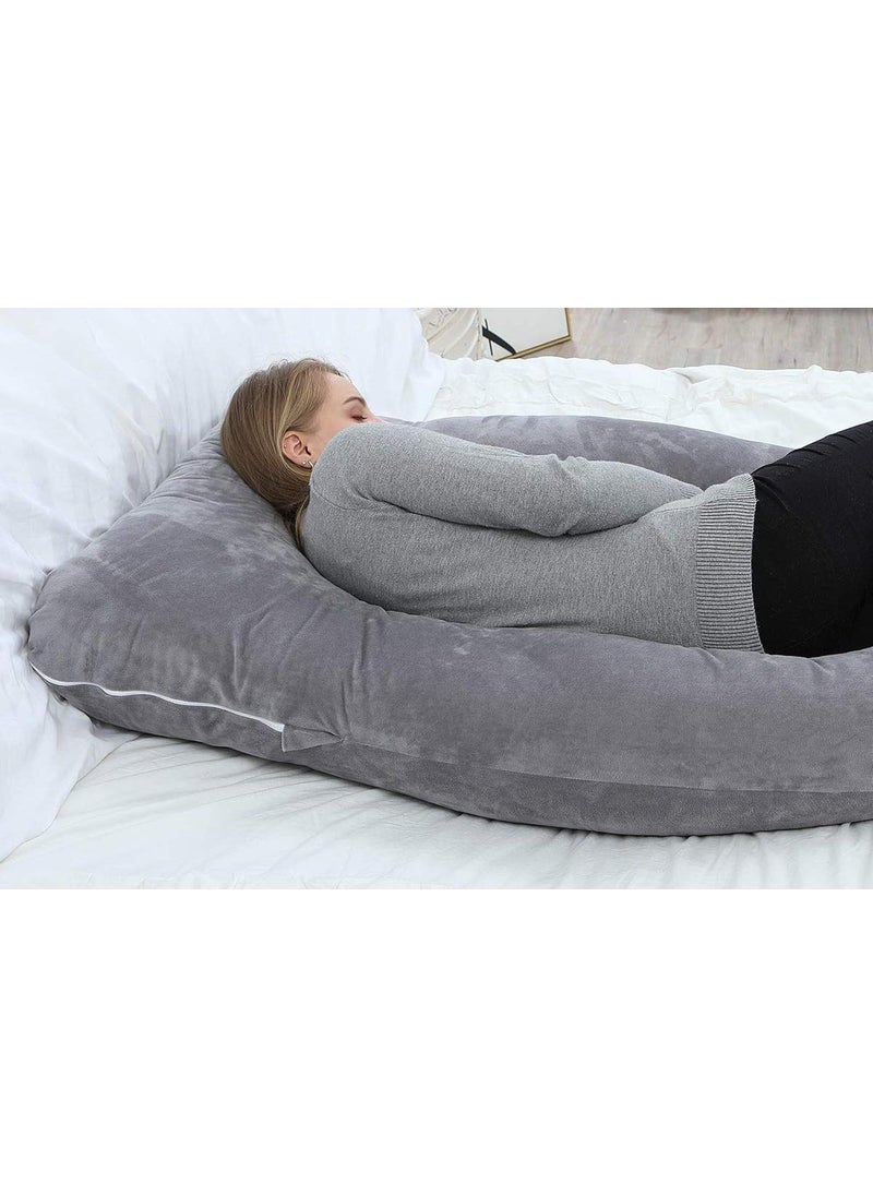 Linenovation U Shaped Maternity Pillow Extra Curve with Cotton Zippered Cover XLarge Grey Set of 1