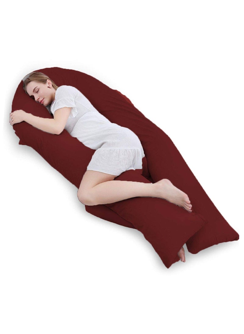 Jaipur Linen Long U Shaped Pregnancy PillowBody PillowLumbar PillowMaternity Pillow with Cotton Zippered CoverMaroon